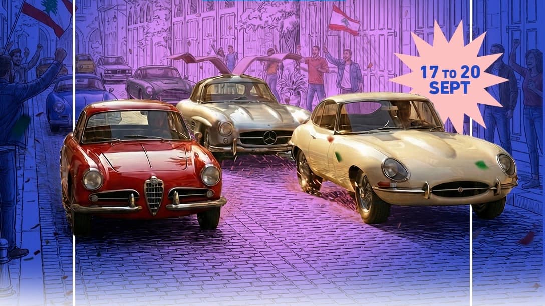 Three classic cars parading through the illustrated old souk, with the 17 to 20 September starburst, from the 2026 flyer